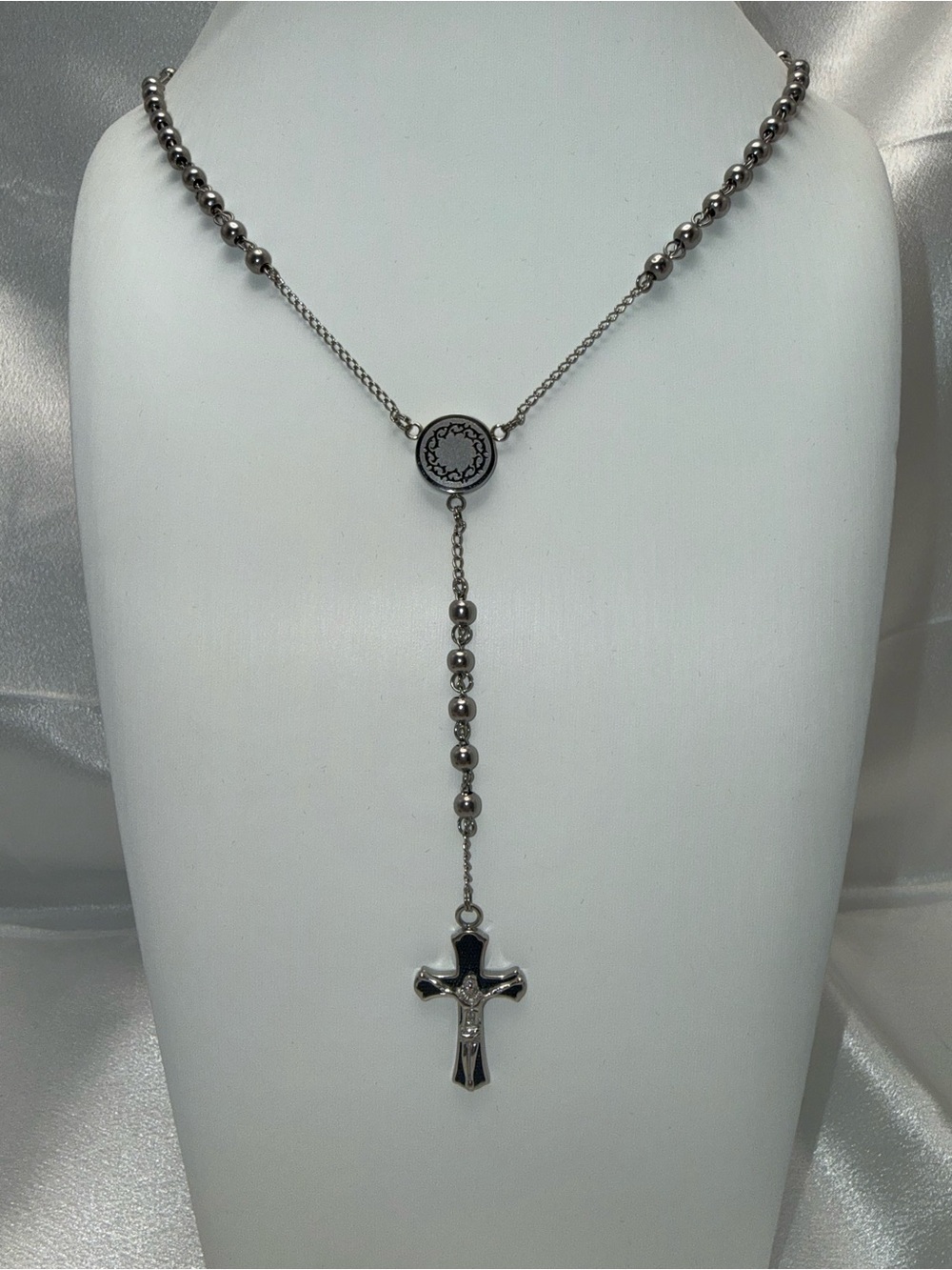 30” Stainless Steel Black Carbon Fiber Cross Rosary Necklace